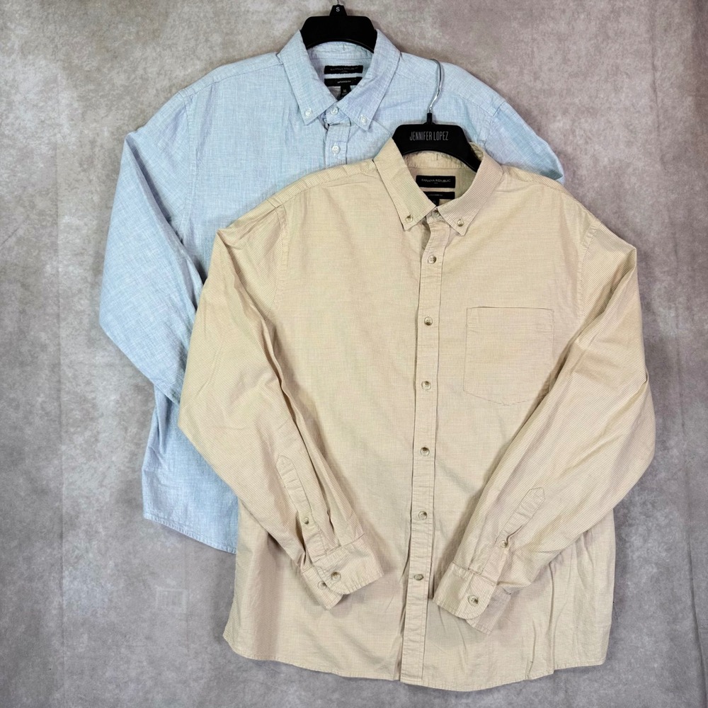 Banana Republic Button Down Mens XL Blue Oxford Tan Gingham Untucked Fit Bundle
